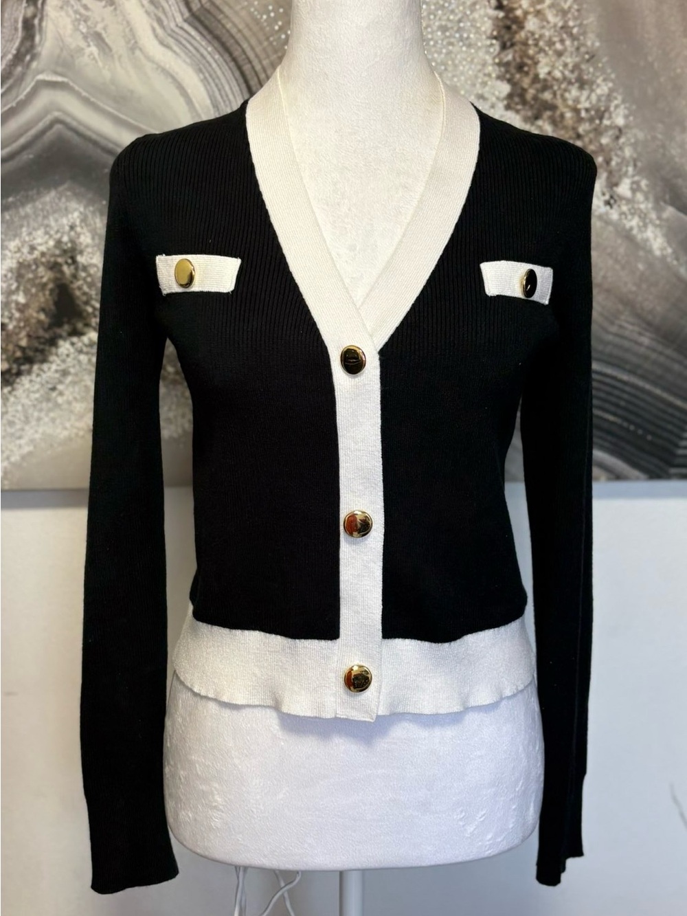 Black & White Button-Front V-Neck Cardigan Sweater